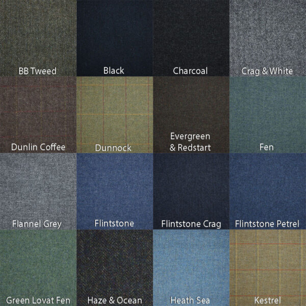 A 4x4 grid of fabric swatches, each labeled with a different color name, featuring styles from the Herringbone Tweeds collection including BB Herringbone Tweed, Black, Charcoal, Crag & White, Dunlin Coffee, Dunnock, Evergreen & Redstart, Fen, Flannel Grey, Flintstone Crag and Petrel among others.