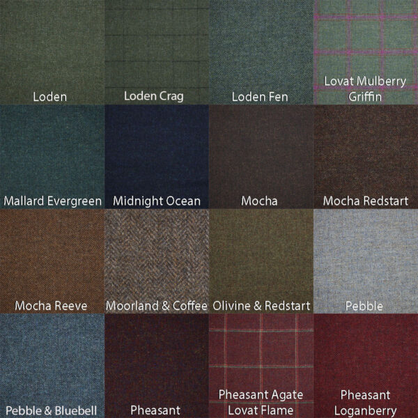 A grid of fabric swatches featuring the Herringbone Tweeds collection showcases 16 distinctive patterns, each labeled with its name. Among these are colors such as Loden, Mocha, Pebble, and Pheasant. This selection includes classic herringbone designs that imbue a timeless elegance to the array.