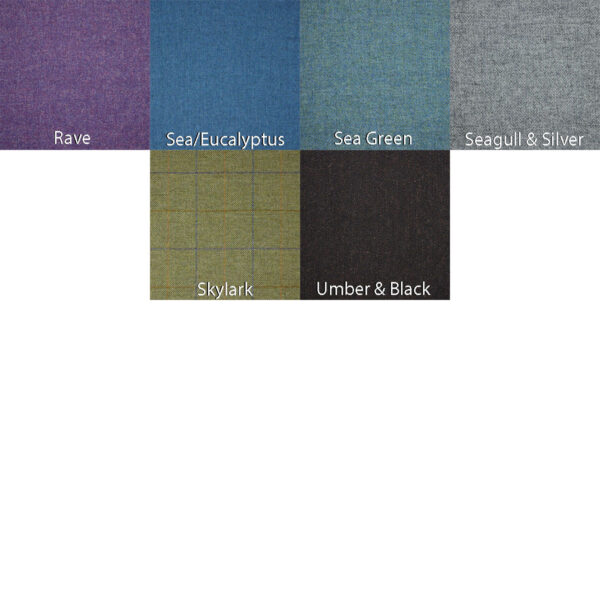 The Herringbone Tweeds collection includes six fabric swatches: Rave (purple), Sea/Eucalyptus (blue), Sea Green (green), Seagull & Silver (grey tweed), Skylark (green with lines herringbone), and Umber & Black (dark brown and black).