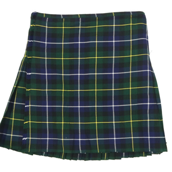 A kilt with a green, blue, and yellow tartan fabric and a pleated design reminiscent of the MacNeil Hunting Modern Homespun Wool Blend Kilt. This finely crafted piece fits a 39" waist, 41" hip, and measures 22" in length.