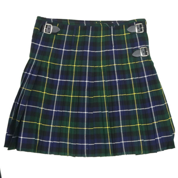 A modern MacNeil Hunting Homespun Wool Blend Kilt in a vibrant green, blue, and yellow plaid pattern, featuring two silver buckles on the right side.