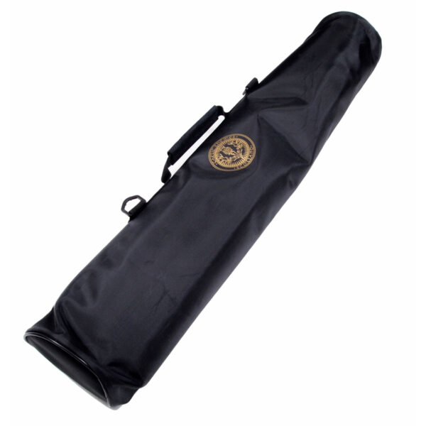 Introducing the Deluxe Kilt Carry Roll: a sleek black carrying case with a distinctive circular emblem. Ideal for those on the move, it features a central handle that guarantees easy transport and adds a stylish nod to traditional kilt accessories.