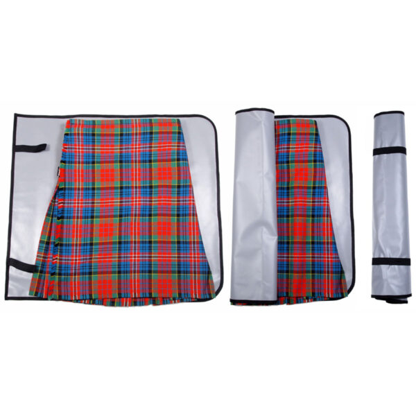 A Deluxe Kilt Carry Roll, featuring a luxurious tartan kilt in a sophisticated silver carrying case, shown laid flat, partially rolled, and fully rolled up for convenient transportation.