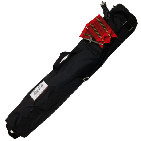 A black Kilt Carry Roll with a red tartan-patterned cloth partially visible from an opened pocket, perfect for those who carry their kilt or need to roll up their gear.