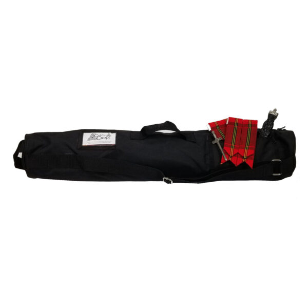 The Kilt Carry Roll is a black carrying case with a tartan-patterned bagpipe chanter protruding from it, featuring both a carrying handle and shoulder strap—perfect for carrying while wearing your kilt.