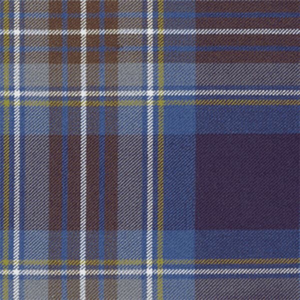 A close-up of the Holyrood PV Tartan REMNANTS pattern showcases a design featuring intersecting stripes of blue, white, brown, and yellow on a blue and purple background.