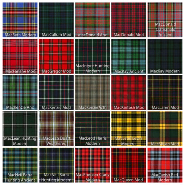 Grid of various tartan patterns, each labeled with specific names such as "MacBeth Modern," "MacDonald Chlannabuidhe," and "MacIntyre Hunting Modern.