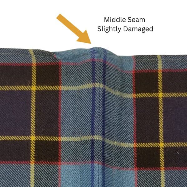 Close-up of a US Navy Premium Wool Sash with a slightly damaged middle seam, highlighted by a yellow arrow with the text "Middle Seam Slightly Damaged.