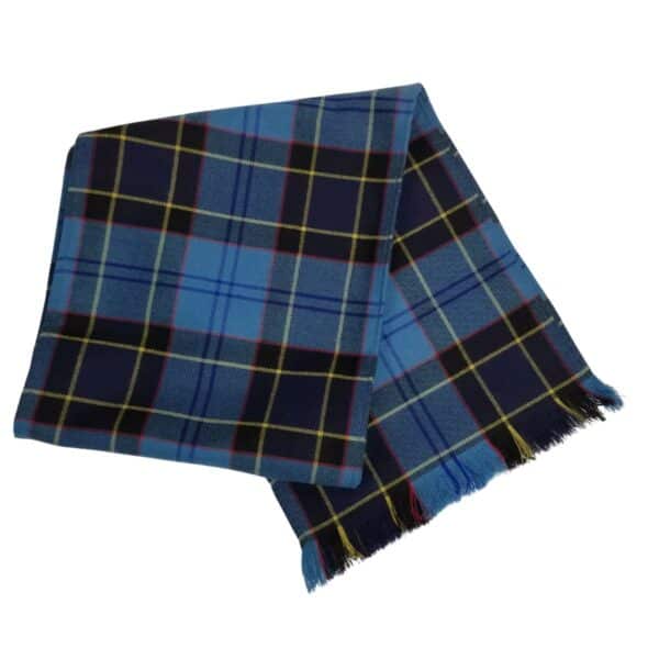 US Navy Premium Wool Sash in blue and black plaid with yellow and red stripes, and fringed edges.