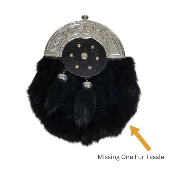 A black rabbit fur sporran with an ornate silver top and a central medallion, featuring two fur tassels. An arrow points to the right, indicating "Black Rabbit Fur Sporran - Retired Rental: Missing One Fur Tassel.