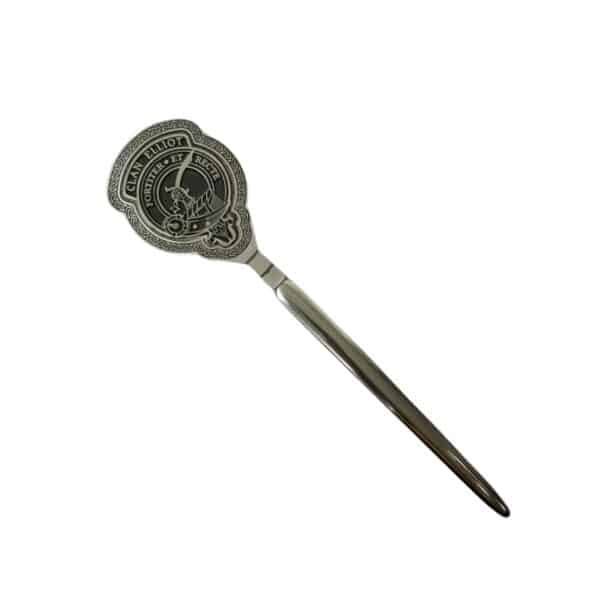 A silver Armstrong Clan Crest letter opener, featuring a detailed emblem and the text "Grand Patriot High," reminiscent of a ceremonial key.