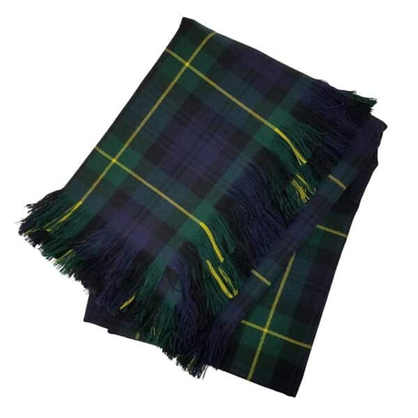 A Gordon Modern Premium Wool Shawl, folded and featuring a dark blue and green tartan pattern with fringed edges.