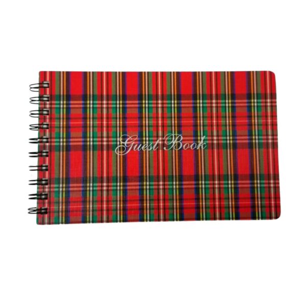 A Tartan Guest Book featuring a wire-bound design with a classic red and green plaid cover.