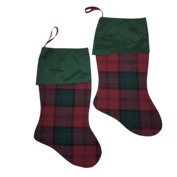 Two Ferguson Modern Tartan Stockings, each featuring a solid green cuff and a small loop for hanging.