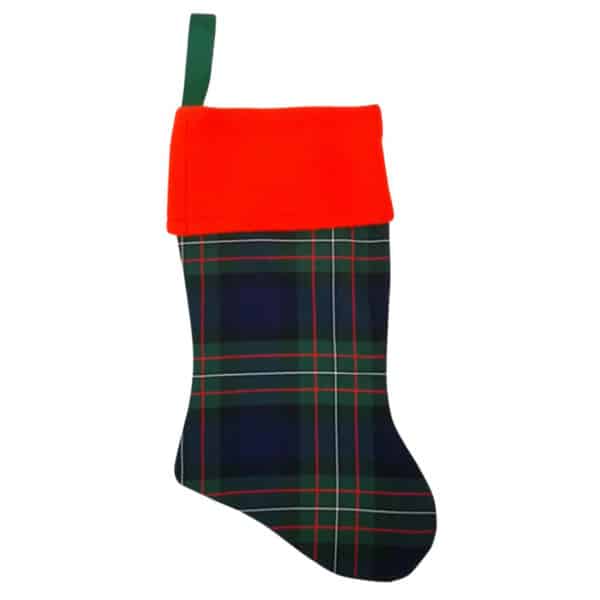 The Ferguson Modern Tartan Stocking, showcasing a red cuff and green loop against a plain white background, evokes cozy holiday charm.