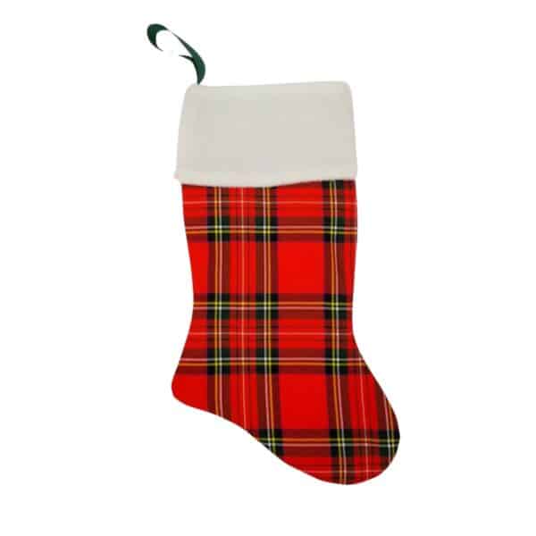 A Tartan Stocking in red and green, featuring a white cuff and a green hanging loop.