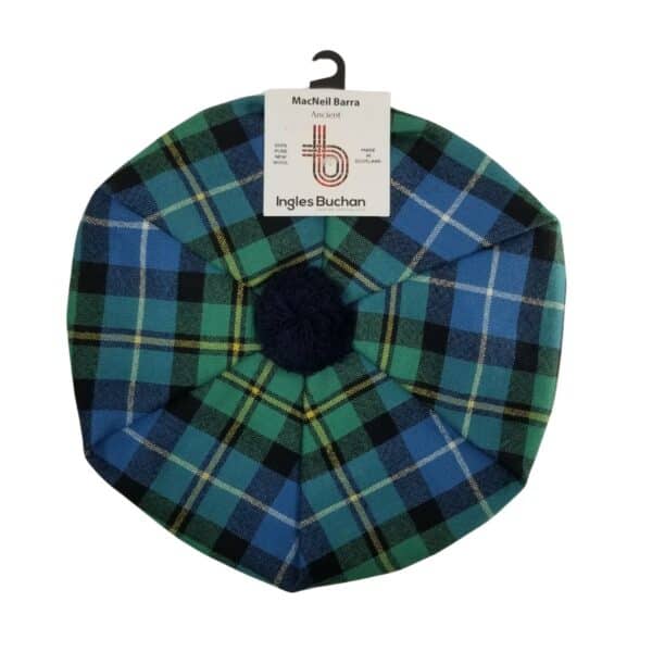 A MacNeil Hunting Ancient Tartan Tam featuring a blue, green, and yellow plaid pattern with a small pom-pom on top. The label reads "Ingles Buchan.