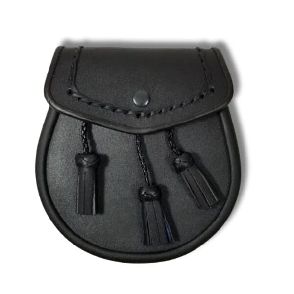 The Classic Leather Sporran in black leather is designed with three tassels and a secure button closure.