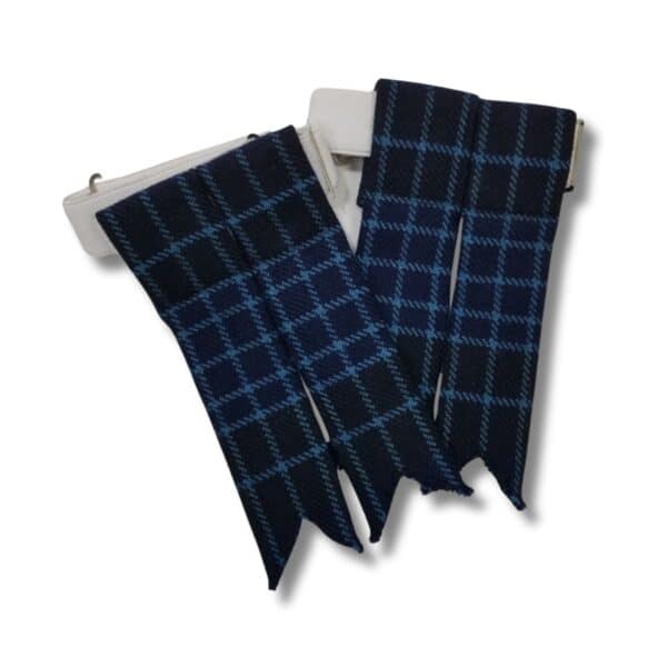 A pair of Clergy Modern Light Weight Premium Wool Tartan Flashes features blue plaid sock garters with lightweight white elastic bands and high-quality metal clips, ideal for keeping your tartan flashes stylishly in place.