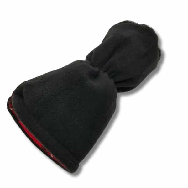 The MacGregor Modern Golf Club Cover-inspired black fleece winter hat, complete with a drawstring, is displayed folded flat on a white background.