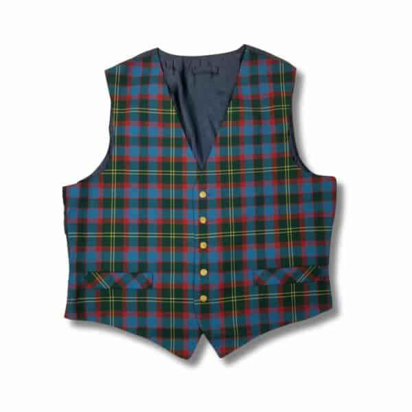 The Rotary 44L Tartan Vest, designed with a sleeveless cut and a blue, green, red, and yellow plaid pattern complemented by gold buttons, is laid flat on a plain background.