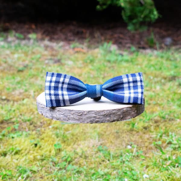 A Tartan Dog Bow Tie, made from 11oz lightweight premium wool in a blue and white plaid pattern, elegantly rests on a round wooden platform outdoors with lush grass as the backdrop. This versatile piece is the perfect complement to your tartan dog collar collection.