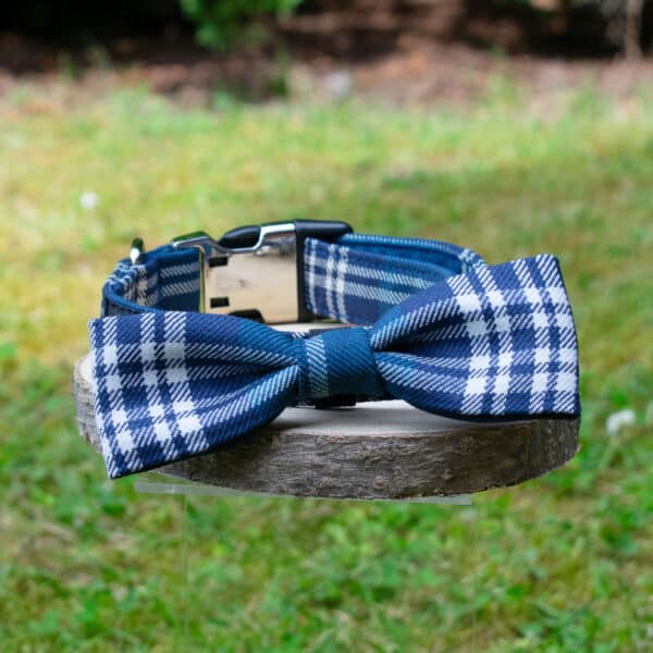 The Tartan Dog Bow Tie, made from 11oz lightweight premium wool and adorned with a blue plaid pattern, sits elegantly on a round wooden surface outdoors.