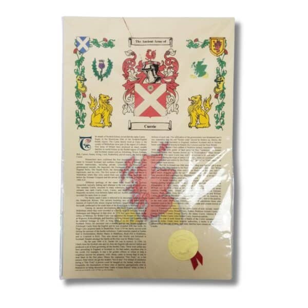 Currie Coat of Arms History certificate, featuring the renowned Currie family coat of arms adorned with lions, a crest, and intricate decorative borders. Steeped in history, it includes descriptive text and is elegantly finished with a gleaming gold seal.