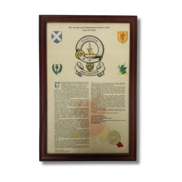 Framed document titled "The Ancient History of Clan MacAlister" showcases an intricate coat of arms, detailed text, and insightful maps, capturing the essence of ancient history.