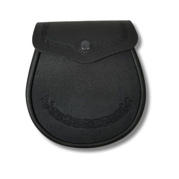 The Classic Leather Sporran* (Copy) is crafted from black leather and features intricate Celtic knot embossing with a convenient snap closure.