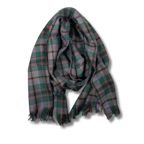 The Craig Ancient Premium Wool Stole, showcasing a plaid pattern in shades of green, gray, and red, is displayed against a white background.