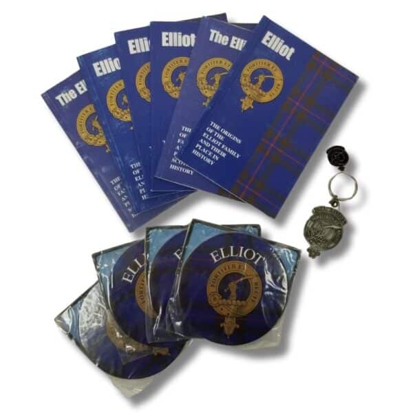 A set of books and CDs titled "Armstrong Clan," accompanied by a keychain showcasing the crest design of the Arm Clan, displayed on a pristine white background.