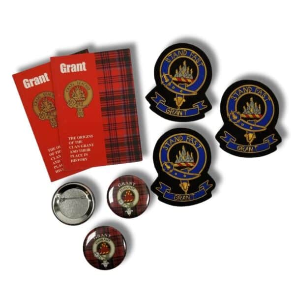 Explore the Armstrong Clan collection, which includes two Grant-themed pamphlets, four "Stand Fast" patches, a plaid magnet, and a round button.