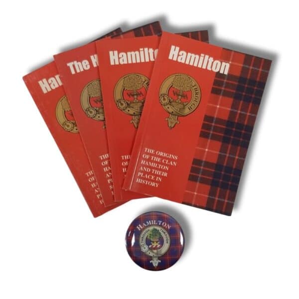 Four red books titled "The Origins of the Clan Hamilton and Their Place in History" are displayed with a round badge below featuring a crest, subtly echoing the rich traditions of the Armstrong Clan.