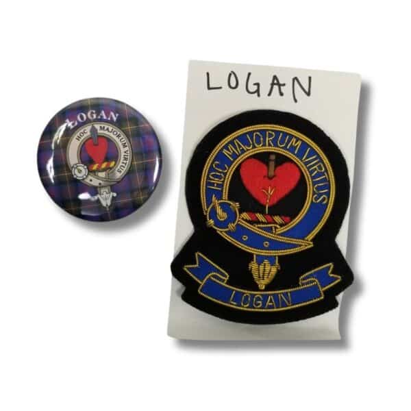 The Armstrong Clan product features a round badge and an embroidered patch showcasing both the Logan clan crest and the Armstrong emblem, each adorned with their motto, "Hoc Majorum Virtus," set against a classic Scottish plaid background.