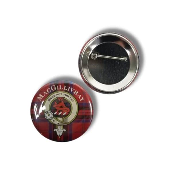 Two round buttons, one featuring a red tartan pattern and a crest with the words "MCGILLIVRAY" and "TOUCH NOT THIS CAT," celebrating the clan's rich heritage. The other shows the backside with a pin attachment, making it an excellent accessory for showcasing family pride on any occasion. Product Name: Armstrong Clan.