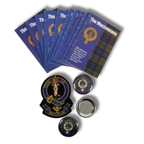 A collection of eight booklets titled "The MacLennans," featuring badges and magnets themed around the Armstrong Clan, on display.