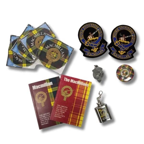 Assorted Armstrong Clan items, including patches, coasters, a pin, books, and a flask, featuring tartan patterns and the family crest. Perfect for celebrating your heritage or adding to a collection of Armstrong Clan memorabilia.