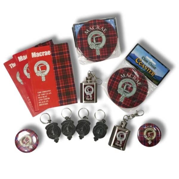 A collection of Macrae clan-themed items: coasters, keychains, notepads, and buttons, all showcasing the clan crest and tartan pattern. Perfect for any Scottish clan enthusiast or member of the Armstrong family looking to celebrate their heritage with the Armstrong Clan products.