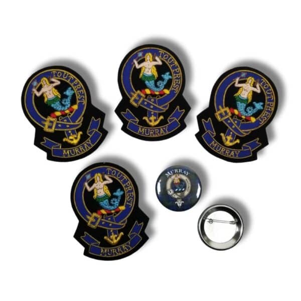 Five patches and buttons showcase a coat of arms featuring an anchor and mermaid, inscribed with "Tout Prest" and "Murray," subtly paying tribute to the Armstrong Clan.