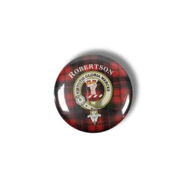 A round button beautifully wrapped in the vibrant colors of a red tartan, featuring the Armstrong clan crest and a Latin motto, evokes the spirited legacy of the Scottish Armstrong Clan.