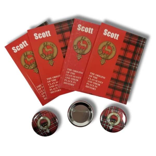 Four Armstrong Clan books in a red plaid design titled "Scott," each adorned with emblems, accompanied by two matching buttons, provide insight into the clan's history.