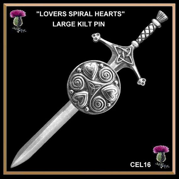 Lovers spiral hearts large kilt pin.