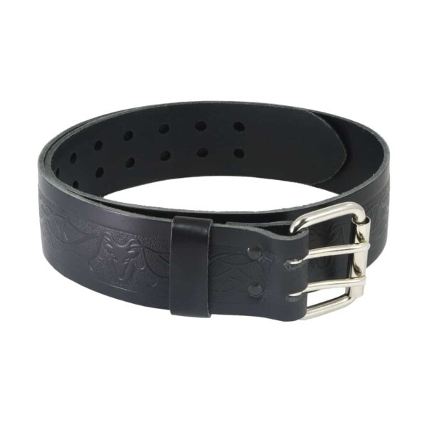 A black leather Stag Utility Belt and Buckle with an ornate buckle.