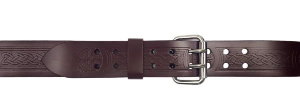 A nice Brown Celtic Knot Utility Belt and Buckle with a metal buckle.