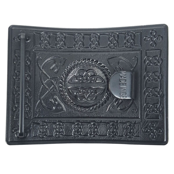 An ornate black Highland Serpent Antiqued Kilt Belt Buckle with a Highland design.