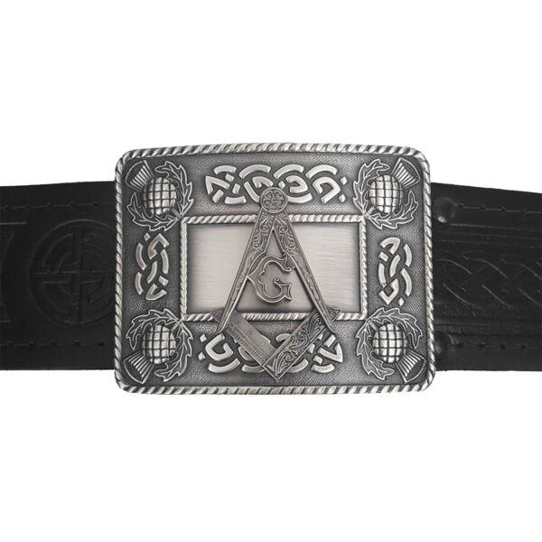 An antiqued Masonic Antiqued Thistle Kilt Belt Buckle adorned with a masonic symbol.