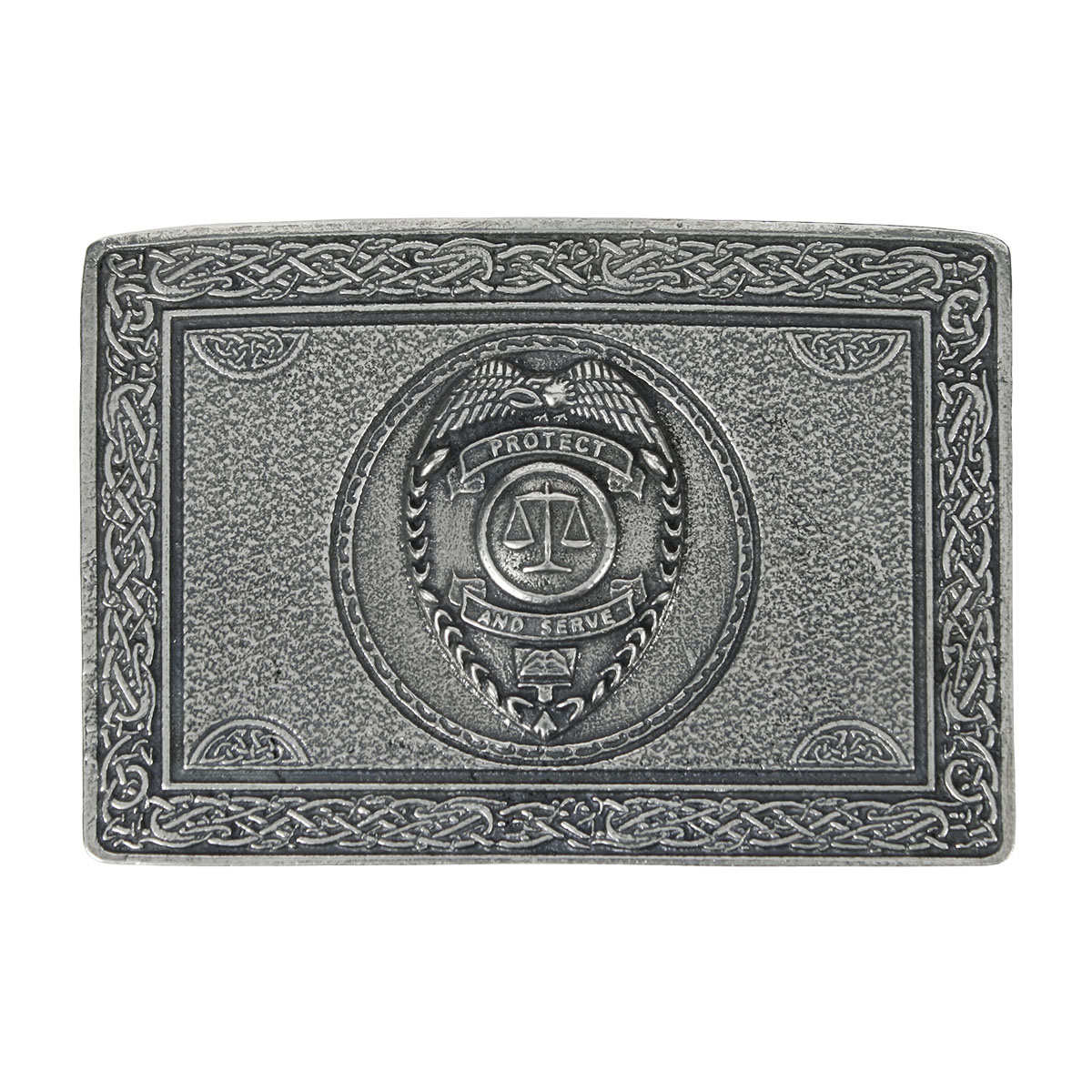 A silver Protect and Serve Law Enforcement Belt Buckle with a Celtic design, symbolizing protect and serve.