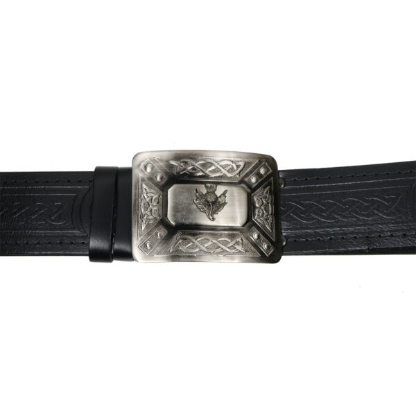 A black leather belt with the Antiqued Thistle Kilt Belt Buckle.