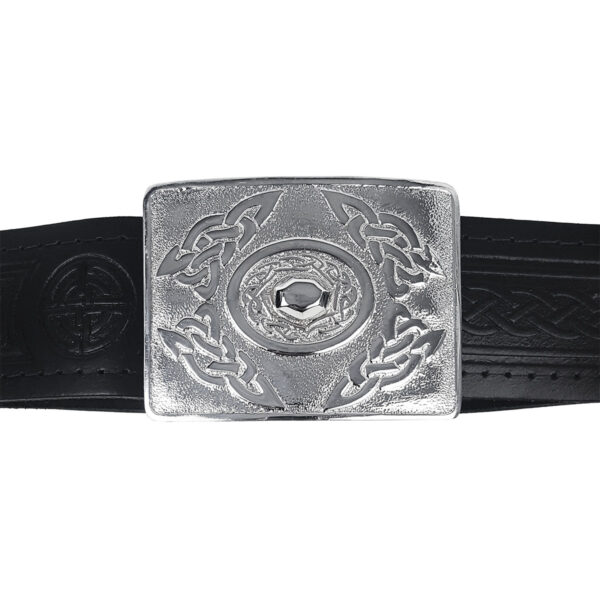 An oval black leather belt with a Celtic design and Celtic Oval Chrome Kilt Belt Buckle.